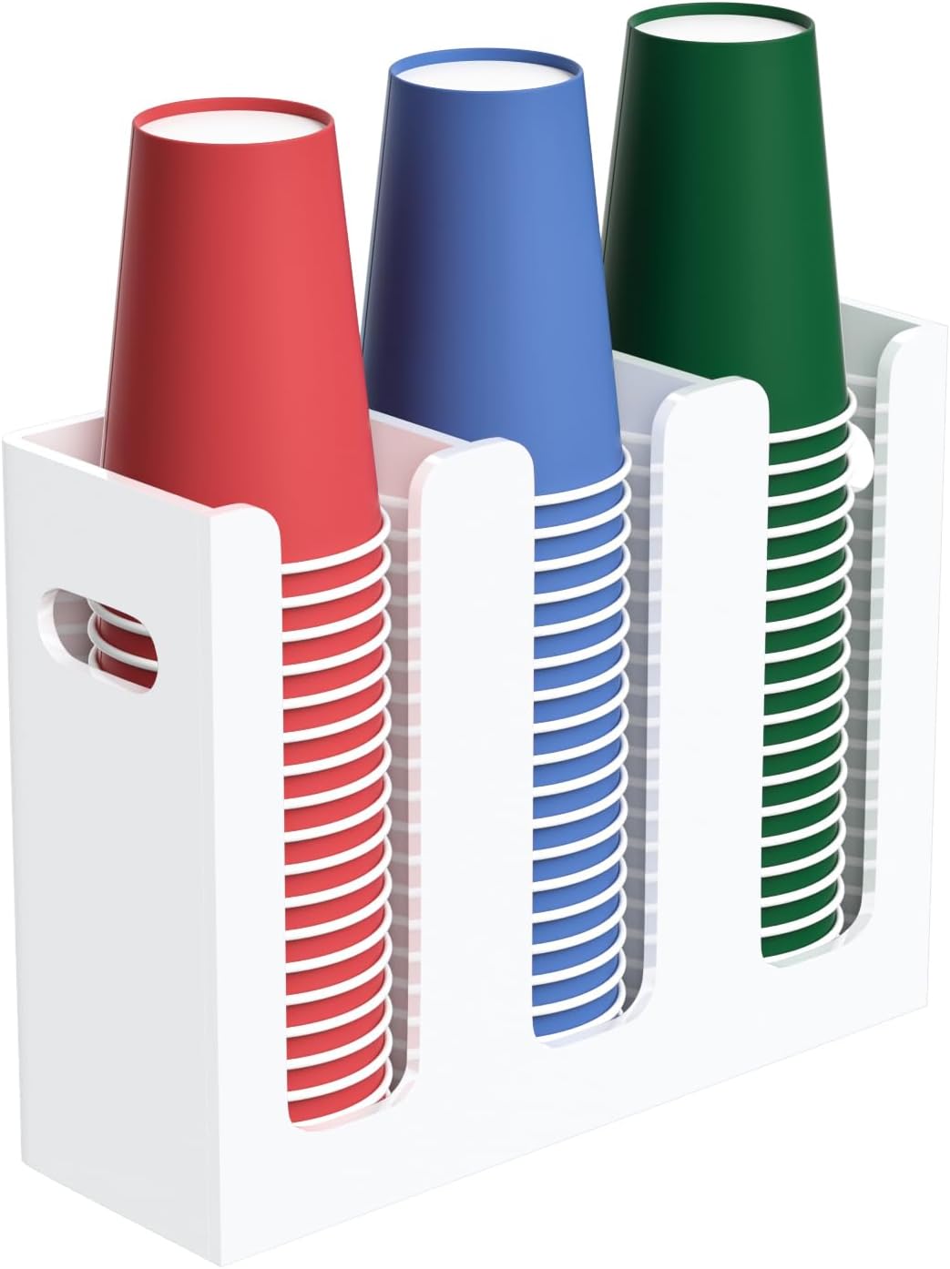 Disposable Coffee Cup Dispenser with Handles, Countertop or Wall Mount Hot/Cold Drink Cup and Lid Holder - Bathroom/Kitchen/Office Acrylic Cup Lid Storage Organizer (3 Compartments, White)