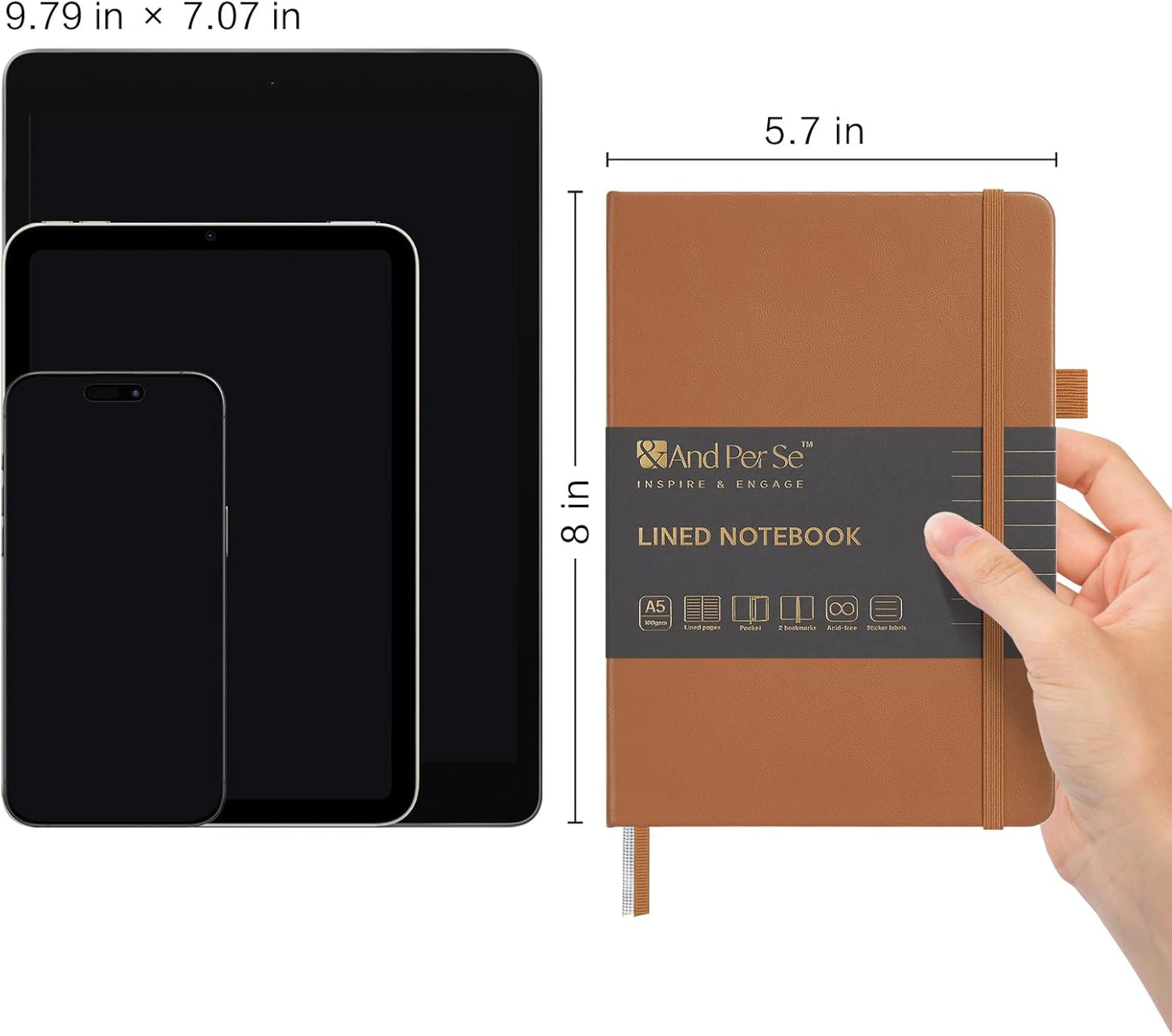 &And Per Se Lined Journal Notebook, 160 Pages, A5 5.7 x 8 inches College Ruled Thick Paper Notebook Journals for Writing, Hardcover Notebooks for Women Men Office School (1 Pack, Light Brown)