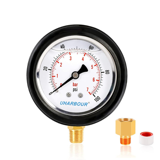 Water Pressure Gauge 2-1/2" Dial Liquid Filled 0-100PSI, Rubber Protective Case, 1/4" NPT Lower Mount, Including 1/4" to 1/8" Thread Adapter and Teflon Tape