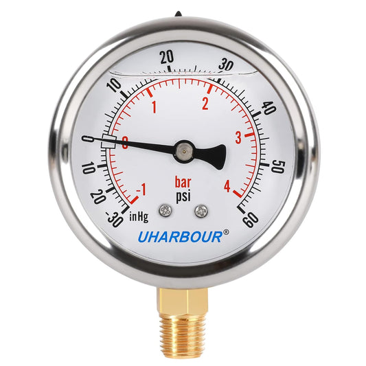 Glycerin Filled Pressure Gauge with 304 Stainless Steel Case, 2.5" Dial Size, 30InHg/60psi, High Accuracy, 1/4" NPT Center Lower Mount…