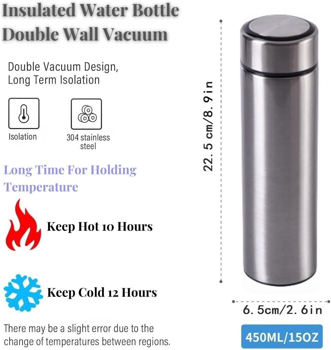 Insulated Water Bottles- Vacuum Tumbler for Coffee, Tea and Drinks with Stainless Steel Infuser - 15 oz Tea Thermo Travel Bottle/Keeps Drinks Hot or Cold for Hours/Gift Packing (Silver)