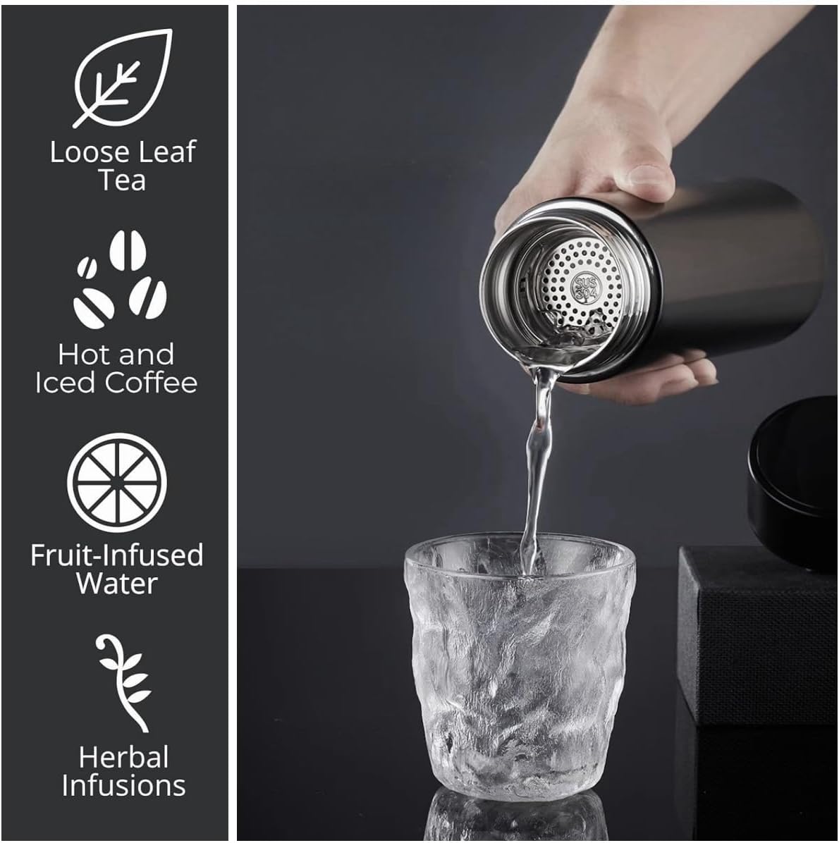 Insulated Water Bottles- Vacuum Tumbler for Coffee, Tea and Drinks with Stainless Steel Infuser - 15 oz Tea Thermo Travel Bottle/Keeps Drinks Hot or Cold for Hours/Gift Packing(Black)