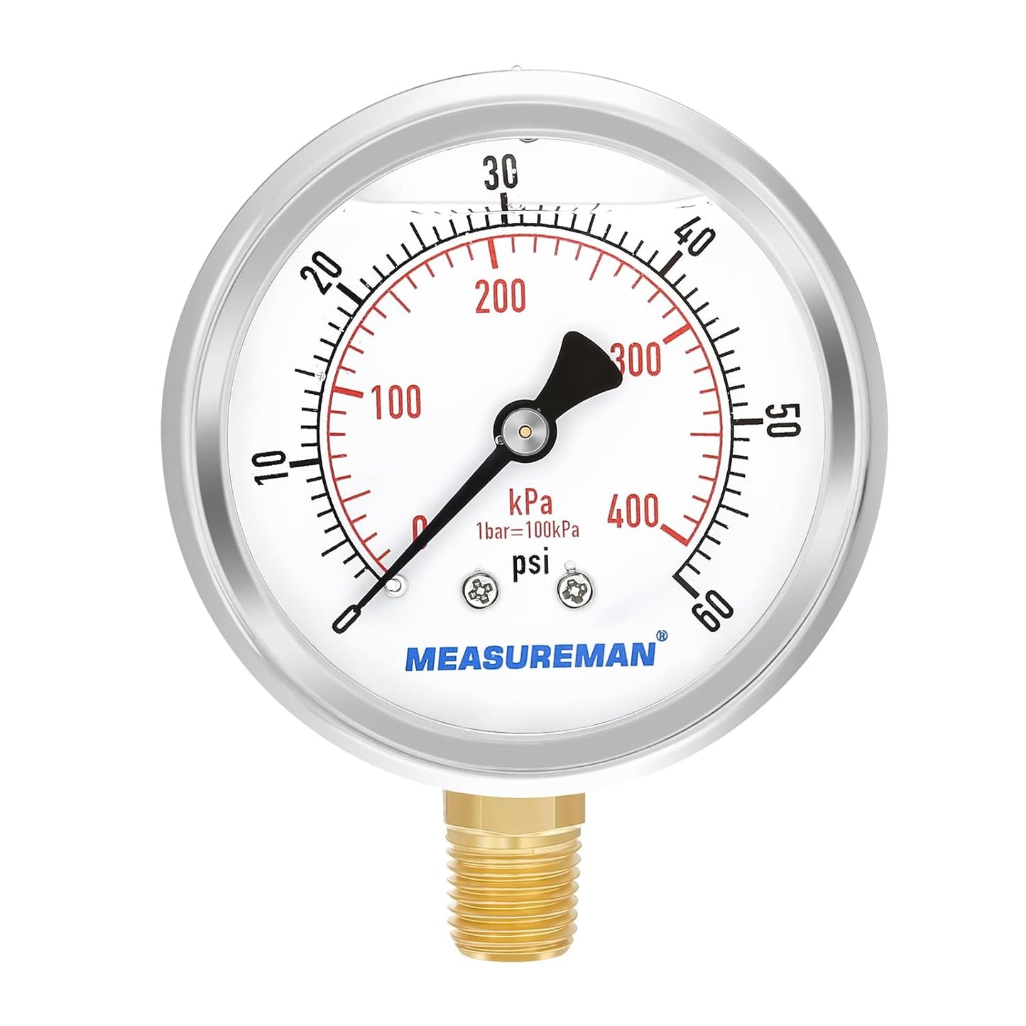 MEASUREMAN 2-1/2inch Dial Size, Liquid Filled Pressure Gauge, 0-60psi/kpa, 304 Stainless Steel Case, 1/4inNPT Lower Mount