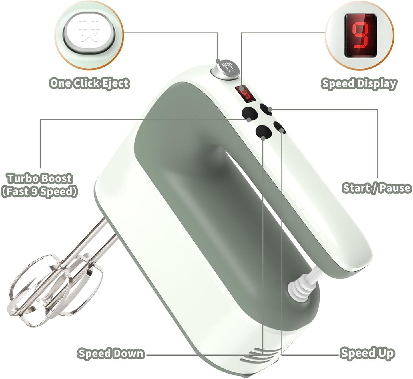9-Speed Digital Hand Mixer Electric, 400W DC Motor, Hand Mixer electric Handheld with Snap-On Storage Case, Touch Button, Turbo Boost, 5x Stainless Steel Accessories (Light Green)