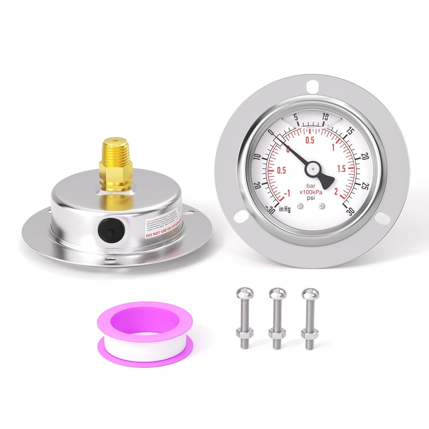 -30inHG-30PSI Panel Mount Front Flanged Glycerin Filled Pressure Gauge, 2.5" Dial Size, 1/4" MNPT Back Mount, Stainless Steel Case, with Phillips Screw and Nut, for Water, Gas, Liquid