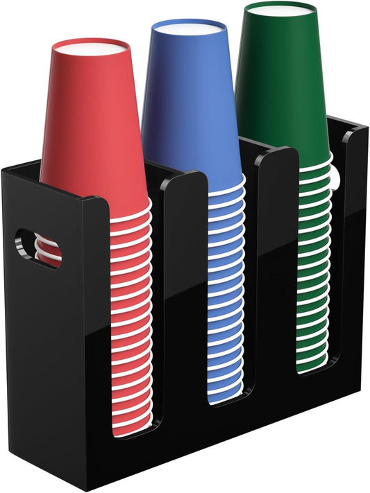 Disposable Coffee Cup Dispenser with Handles, Countertop or Wall Mount Hot/Cold Drink Cup and Lid Holder - Bathroom/Kitchen/Office Acrylic Cup Lid Storage Organizer (3 Compartments, Black)