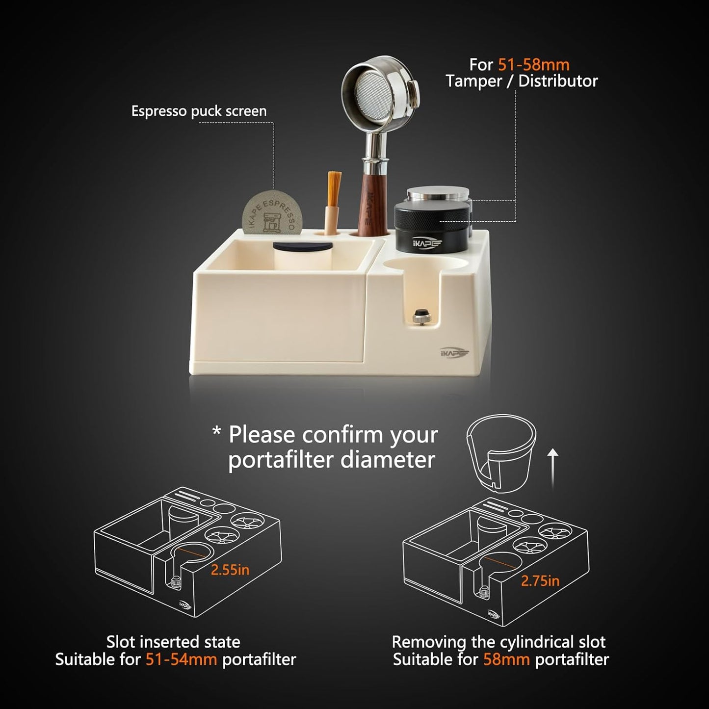 IKAPE Espresso Knock Box, Espresso Coffee Organizer Box Fit for Storage 51, 54, 58MM Espresso Tamper, Distributor, Portafilter & Puck Screen Accessories, Plastic Station Base(White)