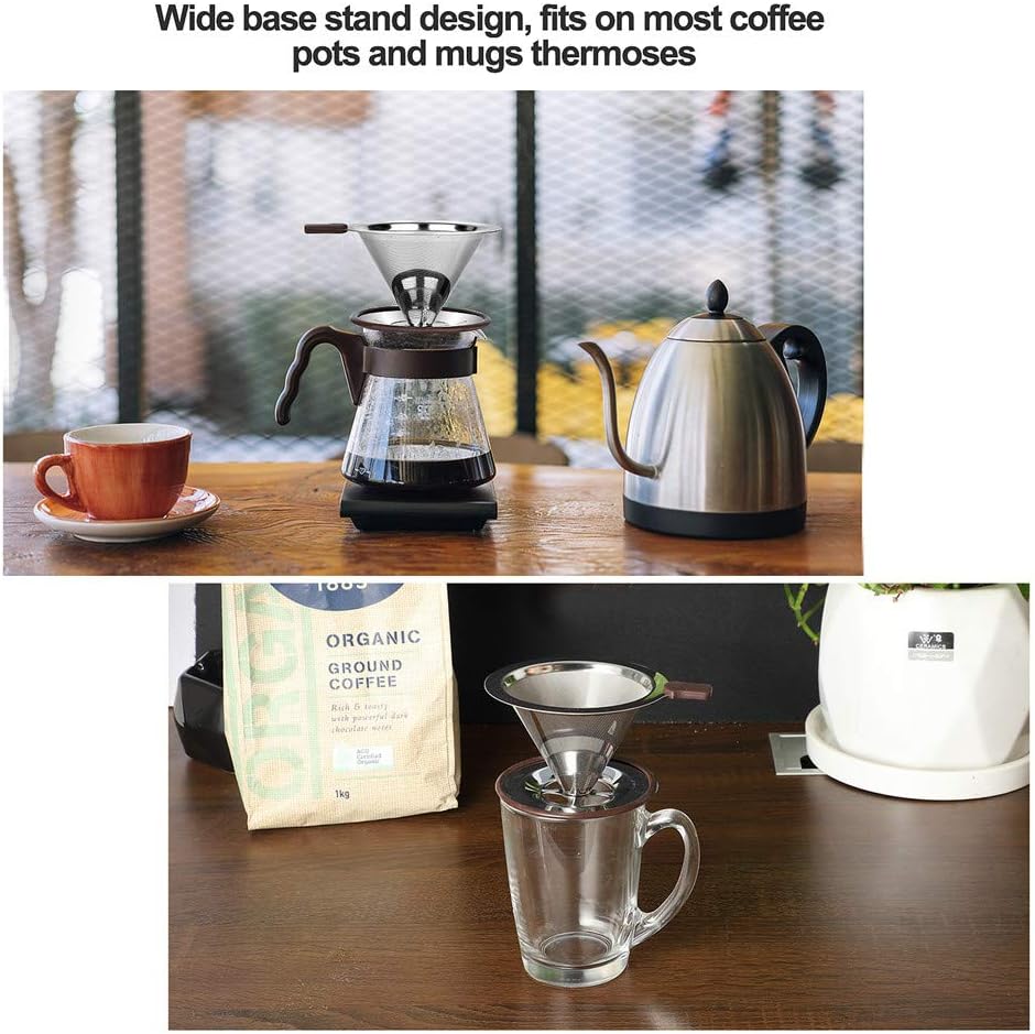 Pour Over Coffee Dripper, Reusable Paperless Coffee Filter,Professional Stainless Steel Drip Cone Brew Coffee Strainer,Upgraded Double Micro Mesh Filter with Cup Stand,1-2 Cup