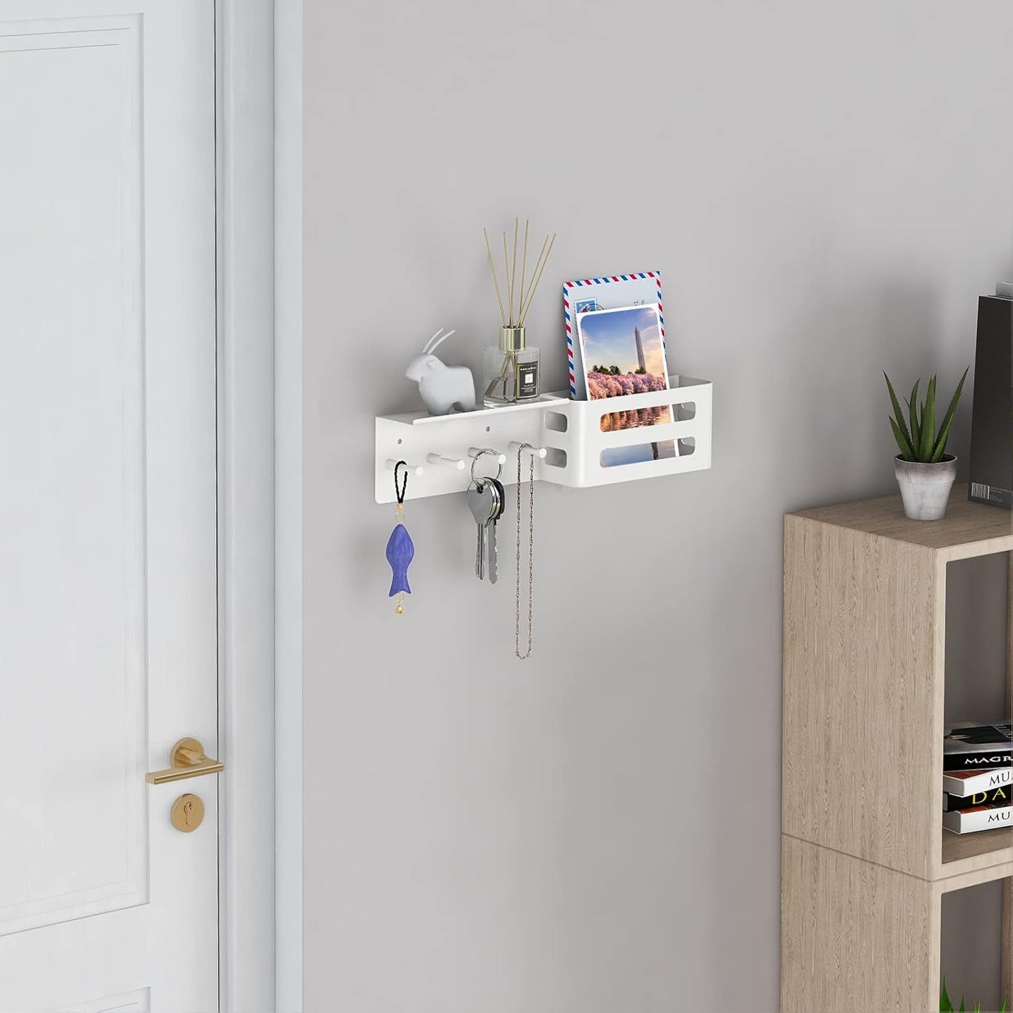 MKO Key Holder for Wall, 12.2In Mail Organizer Holder with Shelf, Metal Key Rack Adhesive Wall Mount, White