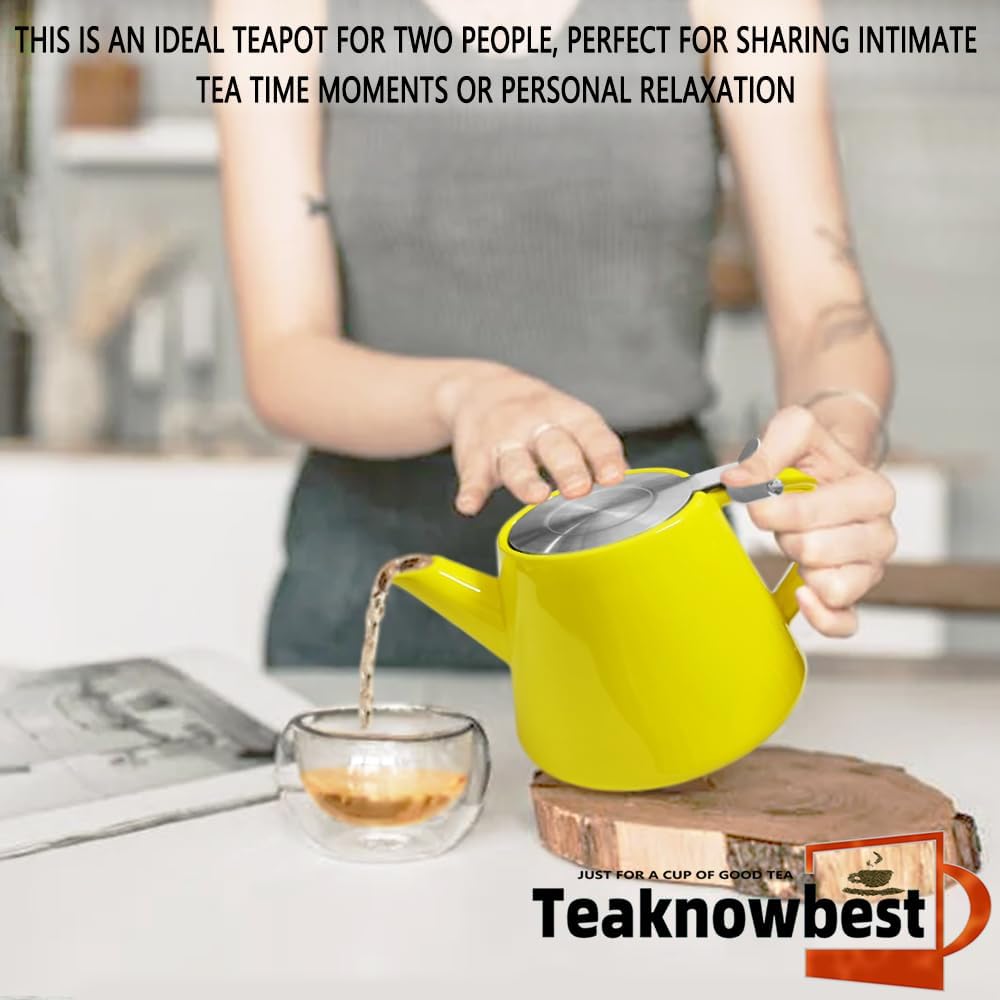 Ceramic teapot, 19oz Tea pot for loose leaf tea, Tea infuser pot with Removable 18/8 Stainless Steel Infuser and teaspoon, Suitable for 1-2 people to brew tea or coffee (yellow)