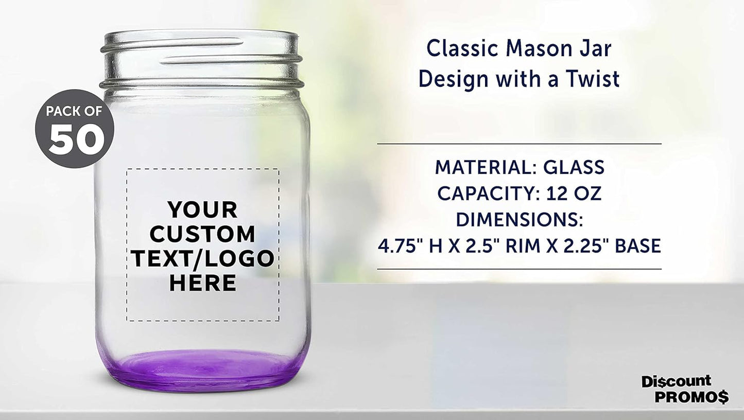 DISCOUNT PROMOS Custom Decorating Mason Jars 12 oz. Set of 50, Personalized Bulk Pack - Glass Jars for Overnight Oats, Candies, Fruits, Pickles, Spices, Beverages - Purple