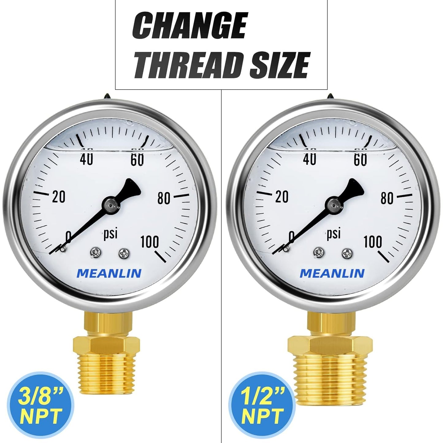 MEANLIN MEASURE 2pcs 0~100Psi Stainless Steel 1/4" NPT 2.5" Single Scale FACE DIAL,Glycerin Filled Pressure Gauge, Lower Mount with 1/4" x 1/2" NPT and 1/4" x 3/8" NPT Hex Bushing