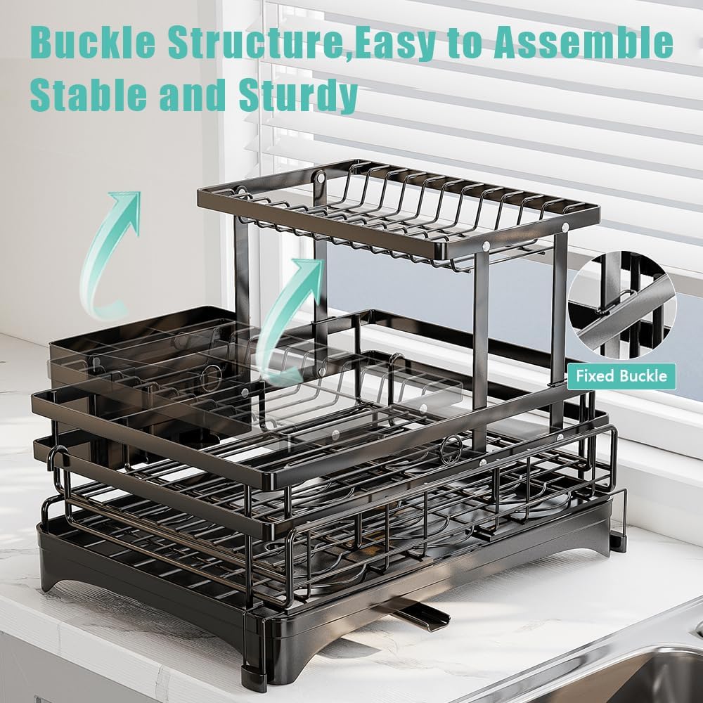 2 Tier Dish Drying Rack - Large Extendable Dish Rack, 2-in-1 Anti-Rust Stainless Steel Dishrack for Kitchen Counter and Sink, Dish Strainer with Utensil Holder & Cup Holder(Black)