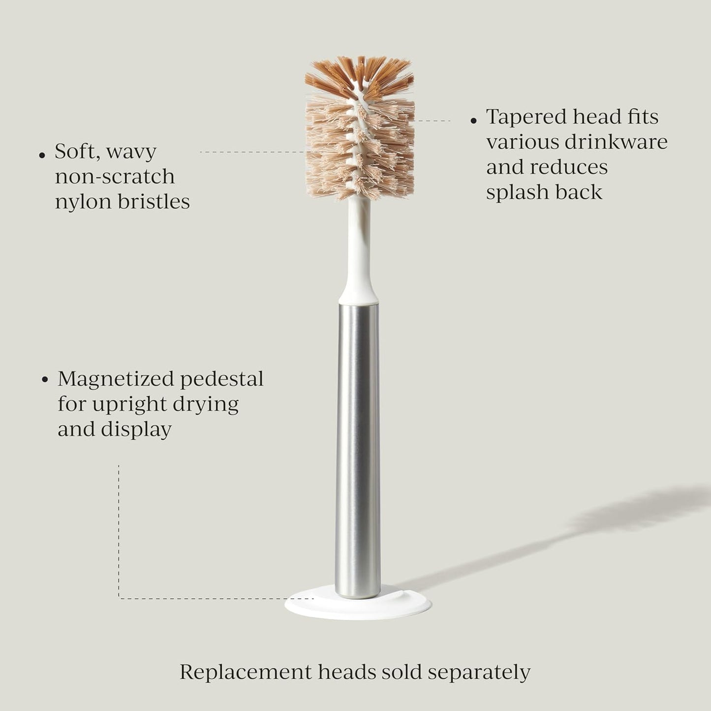 Ionic Bottle Brush, Magnetized to Stand Upright, Stainless Steel with Replaceable Head, Silver