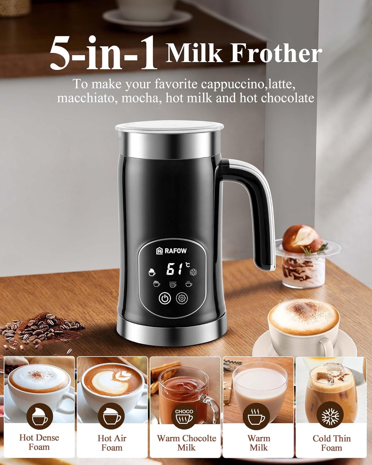 5-in-1 Milk Frother and Steamer - Upgraded Automatic Milk Steamer 11.8oz Hot & Cold Foam Maker and Milk Warmer with LED Display Touch Screen & Two Whisks for Latte,Cappuccinos,Silent Working