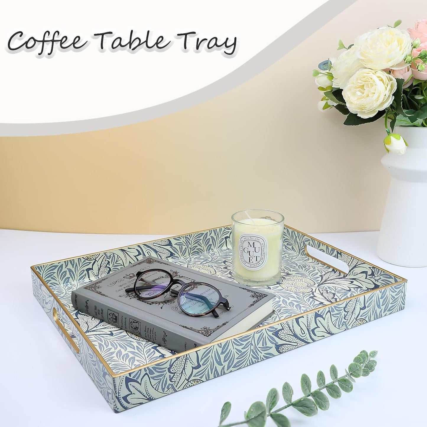 Rectangle Plastic Serving Tray with Handles, Elegant Decorative Tray for Coffee Table, Ottoman, Living Room, Kitchen, and Outdoor Use. 12"*16"*1.6" F