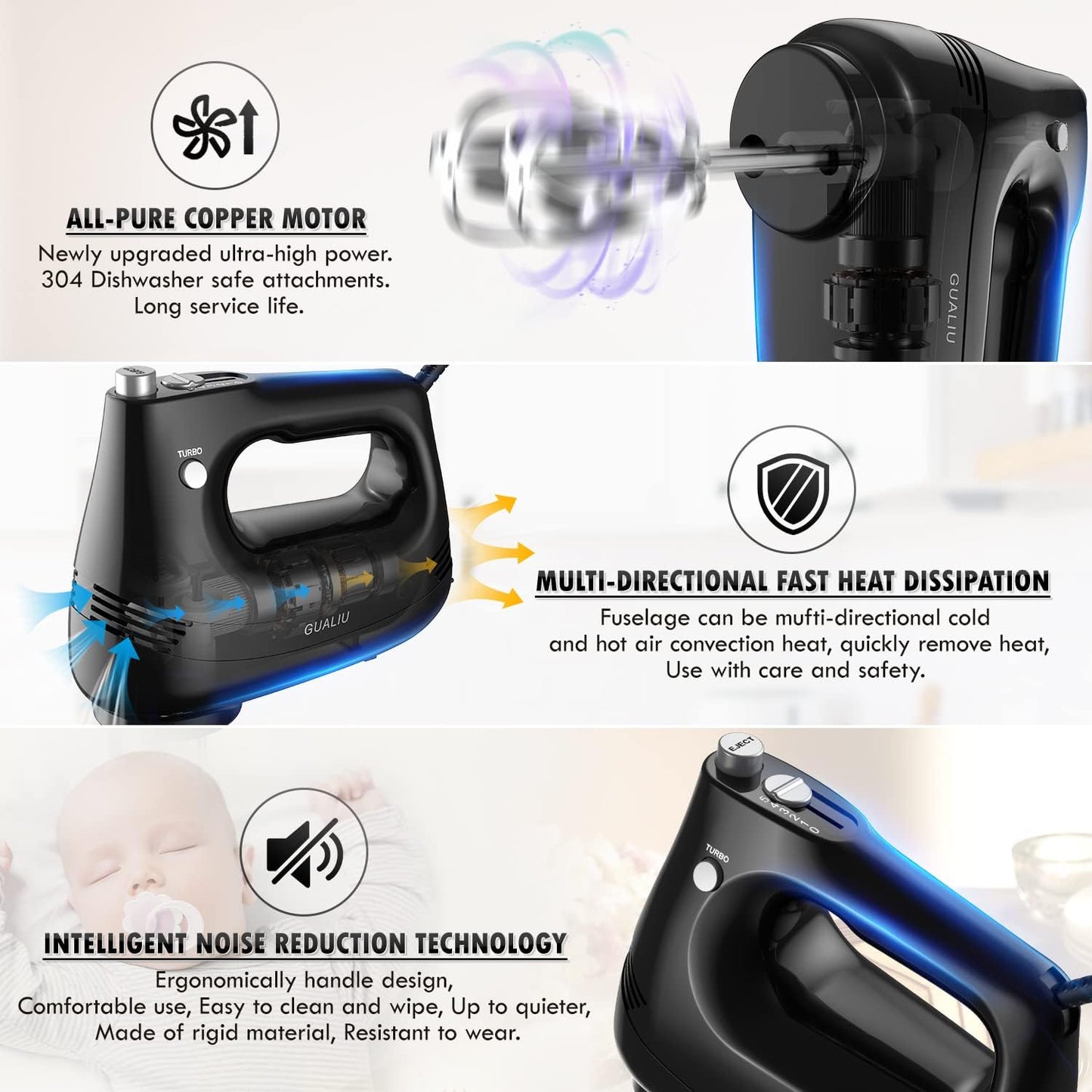 Electric Hand Mixer with Stainless Steel Whisk, Dough Hook Attachment and Storage Bag, Handheld Mixer for Baking Cakes, Eggs, Cream Food Mixers. Turbo Boost /5 Speed Kitchen Blender