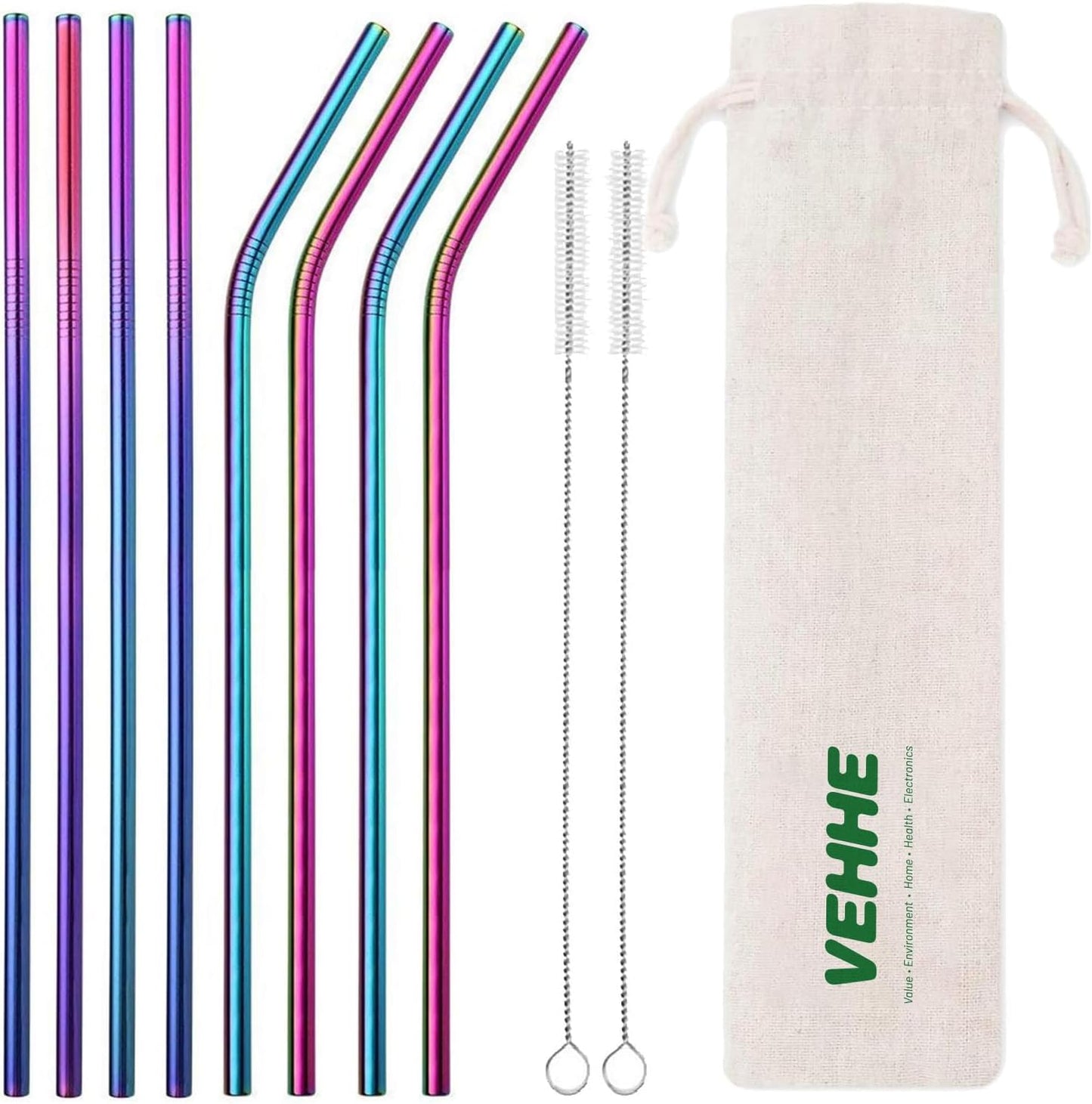 VEHHE Metal Straws Drinking Straws 10.5" Stainless Steel Straws Reusable 8 Set - Ultra Long Rainbow Color-Cleaning Brush for 20/30 Oz for Yeti