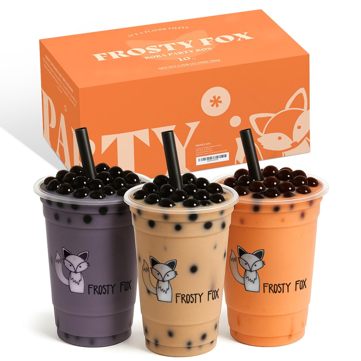 Frosty Fox Premium Boba Bundle Kit 10 Serv. Instant Bubble Pearl Variety Milk Tea Kit with Authentic Brown Sugar Tapioca Pearls & Coconut Jellies - Ready in Under 1 Minute, Includes Straws - Gift Box, Holiday (Classic, Taro and Thai Tea)