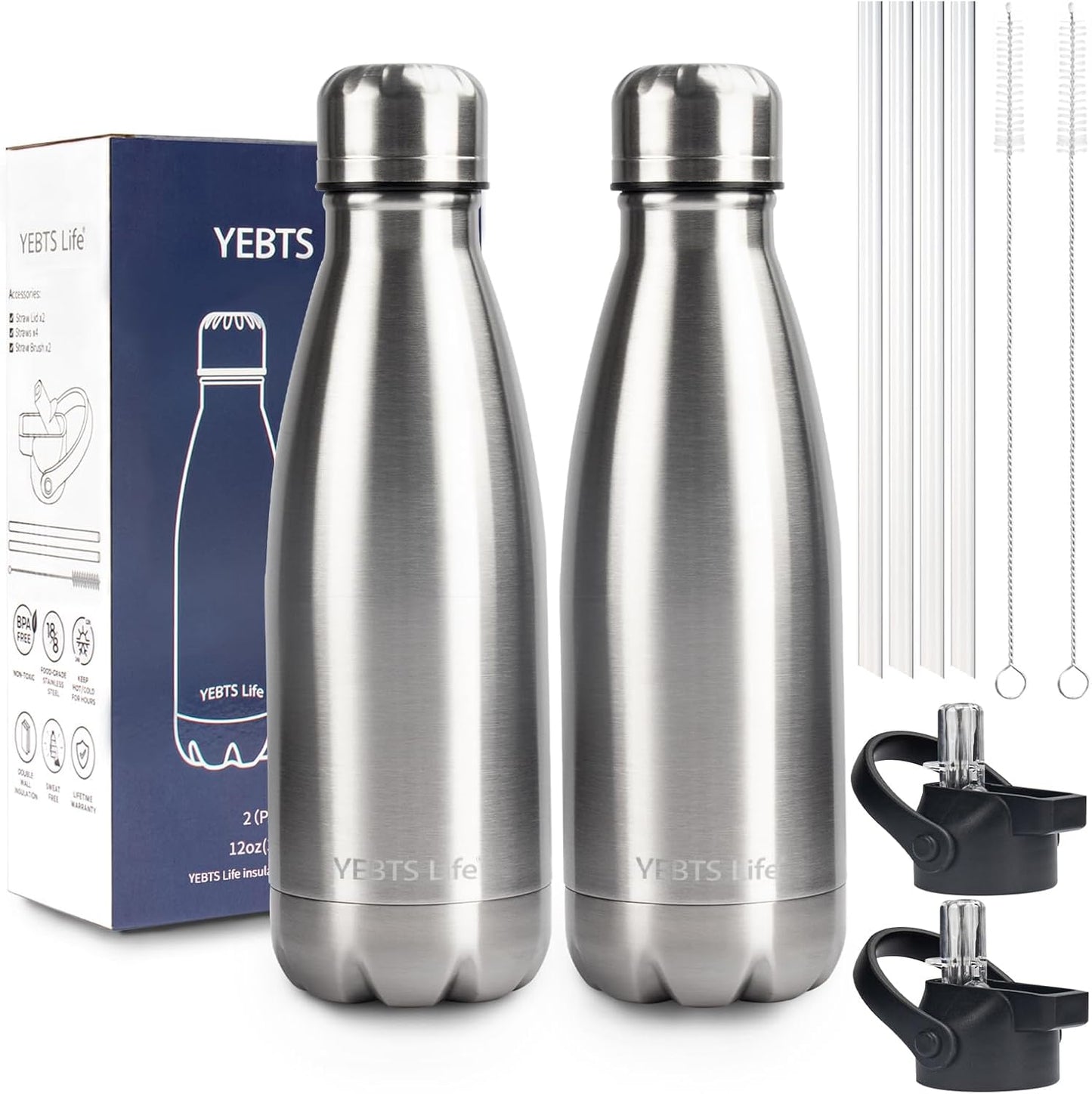 Insulated Water Bottle, 2 Pack-12oz Stainless Steel Water Bottles with straw lid, Metal Sports Water Bottles for Boys,Girls, Double Wall Vacuum BPA-Free Flask for School,Sports & Travel-Silver