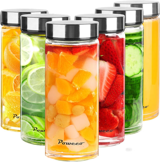 16oz Glass Juice & Water Bottles 6-Pack with Lids- Wide Mouth Reusable Borosilicate Glass- for Juicing, Smoothies, Protein Shakes, Blender & Shaker Bottle- Refillable & Dishwasher Safe(16 oz/500ml)