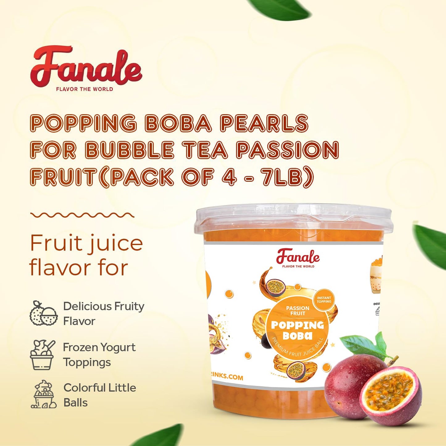Fanale Popping Boba Pearls for Bubble Tea - 7 pound (Pack of 4) | Passion Fruit | Bursting Boba Pearls Bubble | Fruit Juice Flavor for Shakes, Dessert, Smoothie | FPB005-CS