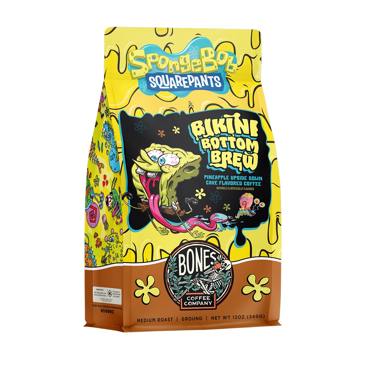 Bones Coffee Company Spongebob Bikini Bottom Brew, Pineapple Upside Down Cake Flavored Coffee, Medium Roast Low Acid Arabica Beans For Auto drip and French Press Coffee Maker, 12 Oz Ground