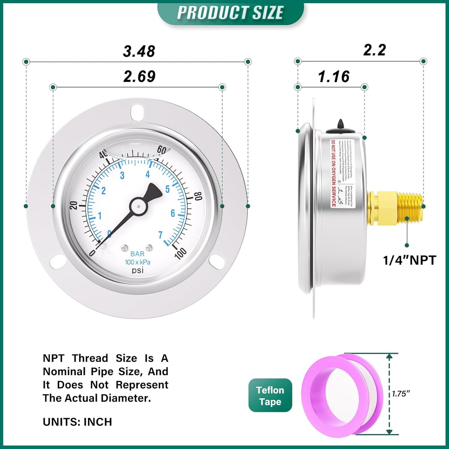 0-100PSI Panel Mount Front Flanged Glycerin Filled Pressure Gauge, 2.5" Dial Size, 1/4" MNPT Back Mount, Stainless Steel Case, with Phillips Screw and Nut, for Water, Gas, Liquid Pressure