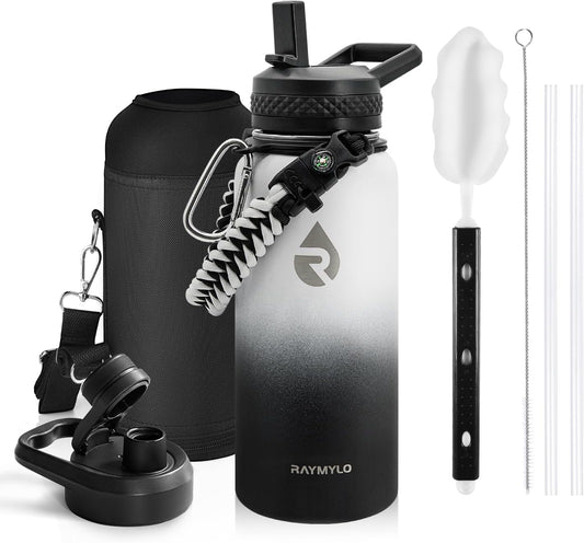 Insulated Water Bottle 32 oz, Triple Wall Vacuum Stainless Steel (Cold for 48 Hrs), Leak Proof & Non-BPA, Modern Water Flask Jug with Paracord Handle & Straw Spout Lids, Ombre: White/Black