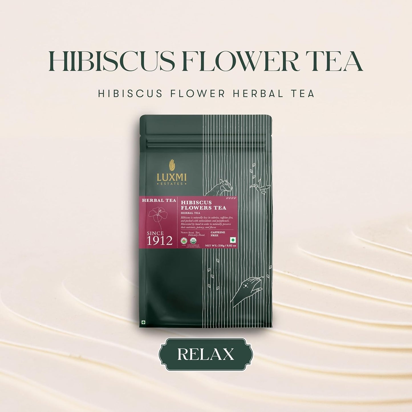 Luxmi Estates - Pure Hibiscus Herbal - Organic Hibiscus Tea - Loose Leaf - 250g (125 cups) | With Organic Hibiscus Flowers | Single Ingredient | Helps with Blood Pressure and Imrpove Heart Health