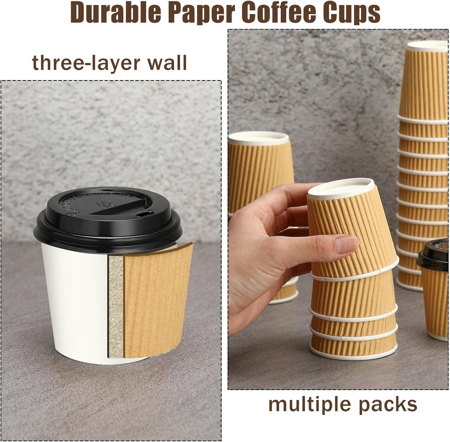 Uiifan 100 Set 4oz Disposable Espresso Cups with Lids Ripple Corrugated Paper Disposable Coffee Insulated Hot Ripple Cups for hot Chocolate, Tea, and Cocoa Drinks(Kraft Paper Color)