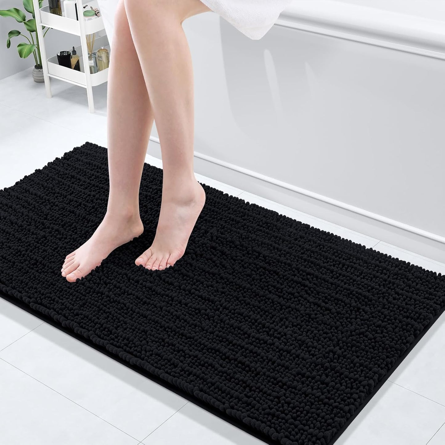 Arotive Luxury Chenille Bathroom Rug Mat, Extra Soft Thick Absorbent Shaggy Bath Rugs, Non-Slip Machine Wash Dry, Plush Bath Mats for Bathroom, Shower and Tub, 47x20, Black