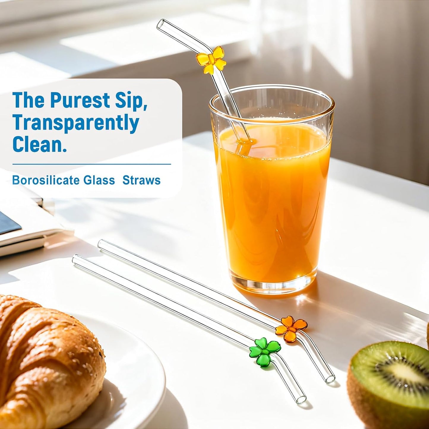 Cute Glass Straws with Charms, Bent 8mm 9in Clear Borosilicate Reusable Drinking Straws with Handmade Colored Bows for Cocktail, Iced Coffee, Tumbler, Mason Jars, Party & Gift Set with Case and Brush