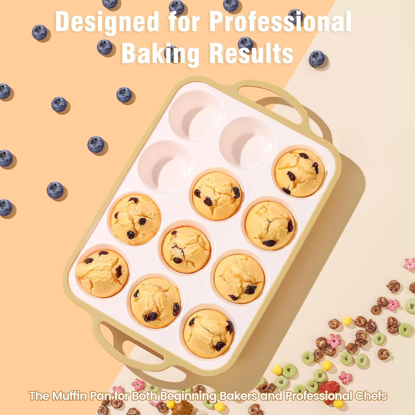 Silicone Muffin Pans for Baking 1 Pack, 2.6 Inch with Metal Reinforced Frame, Regular Size Nonstick Cupcake Pan 12 Cups for Baking Homemade Muffins, Dishwasher Safe BPA Free-Light Yellow