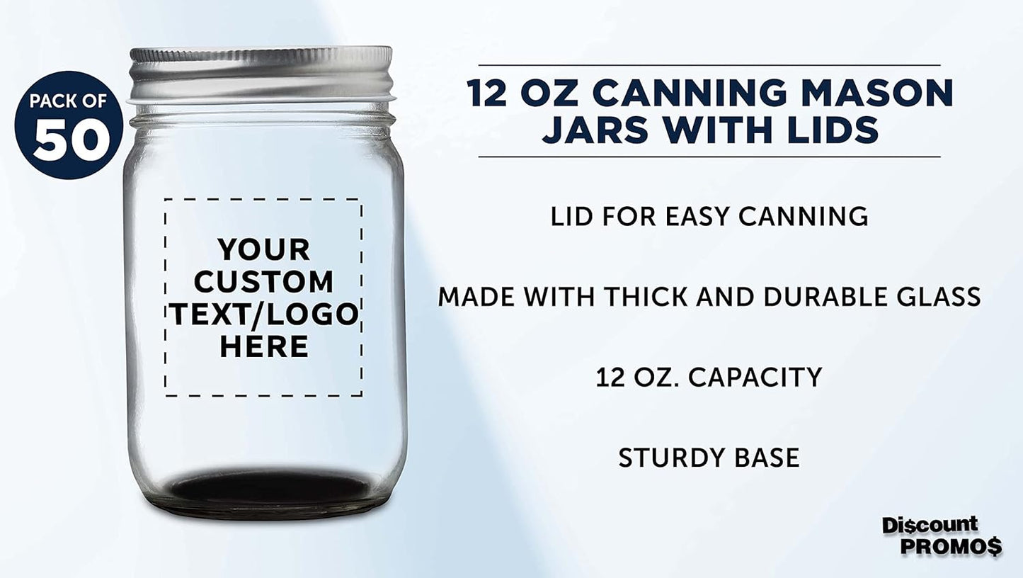 DISCOUNT PROMOS 50 Decorating Mason Jars Set, 12 oz. - Customizable Text, Logo - Canning, Aluminum Lid - Black