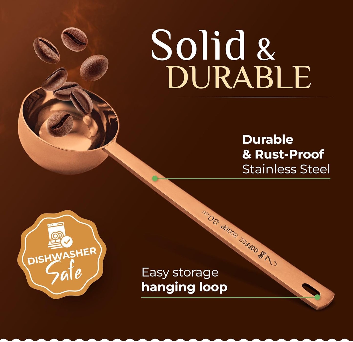 Orblue Premium Coffee Scoop Set - 1 Tbsp (15ml) & 2 Tbsp (30ml) Measuring Tablespoon - Stainless Steel Coffee Measuring Spoon and Scooper with Long Handles - Pack of 2 - Rose Gold