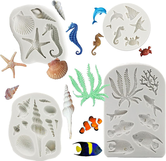 MEMOVAN Marine Theme Silicone Fondant Mold 4pcs Under the Sea Cake Mold Hippocampus Seaweed Sea Fish Crab Coral Conch Sea Shell Silicone Chocolate Mold for DIY Ocean Theme Cake Cookie Chocolate Candy