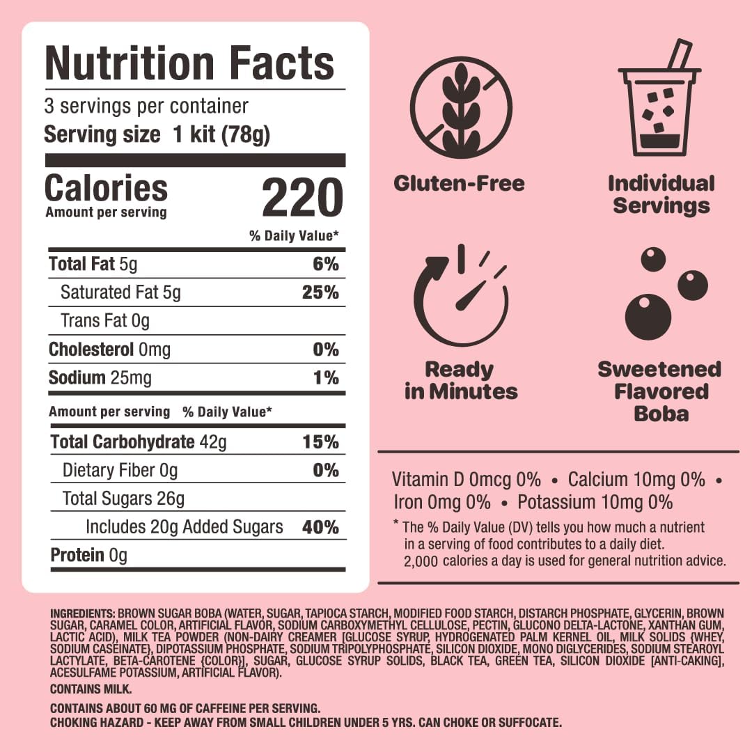 YULU FOODS Instant Bubble Pearl Classic Milk Tea Kit with Authentic Brown Sugar Tapioca Pearls, Ready in Under One Minute, Paper Straws Included – 3 Servings