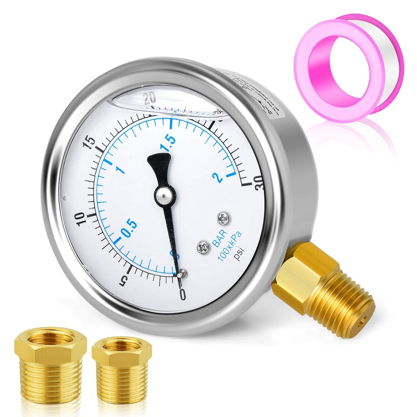 MEANLIN MEASURE 0~30Psi Stainless Steel 1/4" NPT 2.5" FACE DIAL Liquid Filled Pressure Gauge WOG Water Oil Air Lower Mount, with 1/4" x 1/2" NPT and 1/4" x 3/8" NPT Hex Bushing