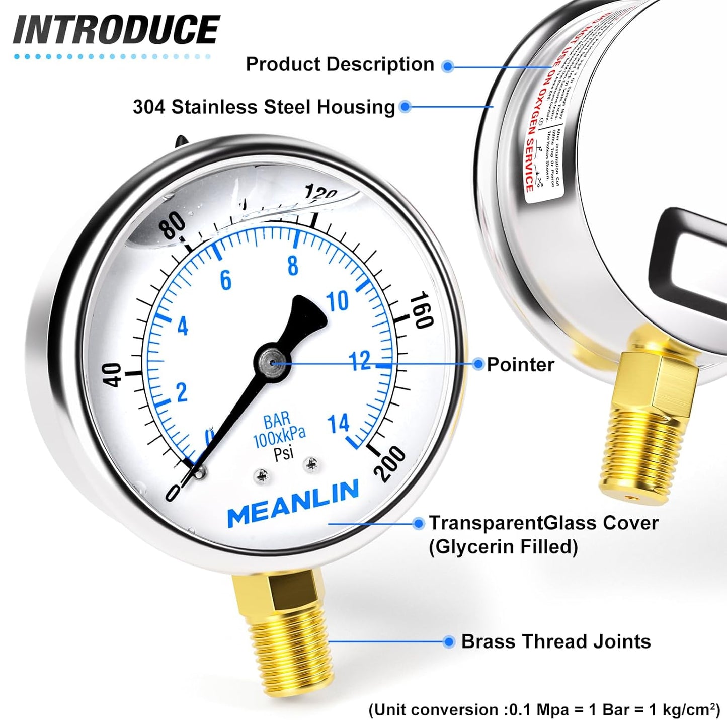 MEANLIN MEASURE 0~200Psi Stainless Steel 1/4" NPT 2.5" FACE DIAL Liquid Filled Pressure Gauge WOG Water Oil Air Lower Mount (Pack of 2), with 1/2" NPT and 3/8" NPT Hex Bushing