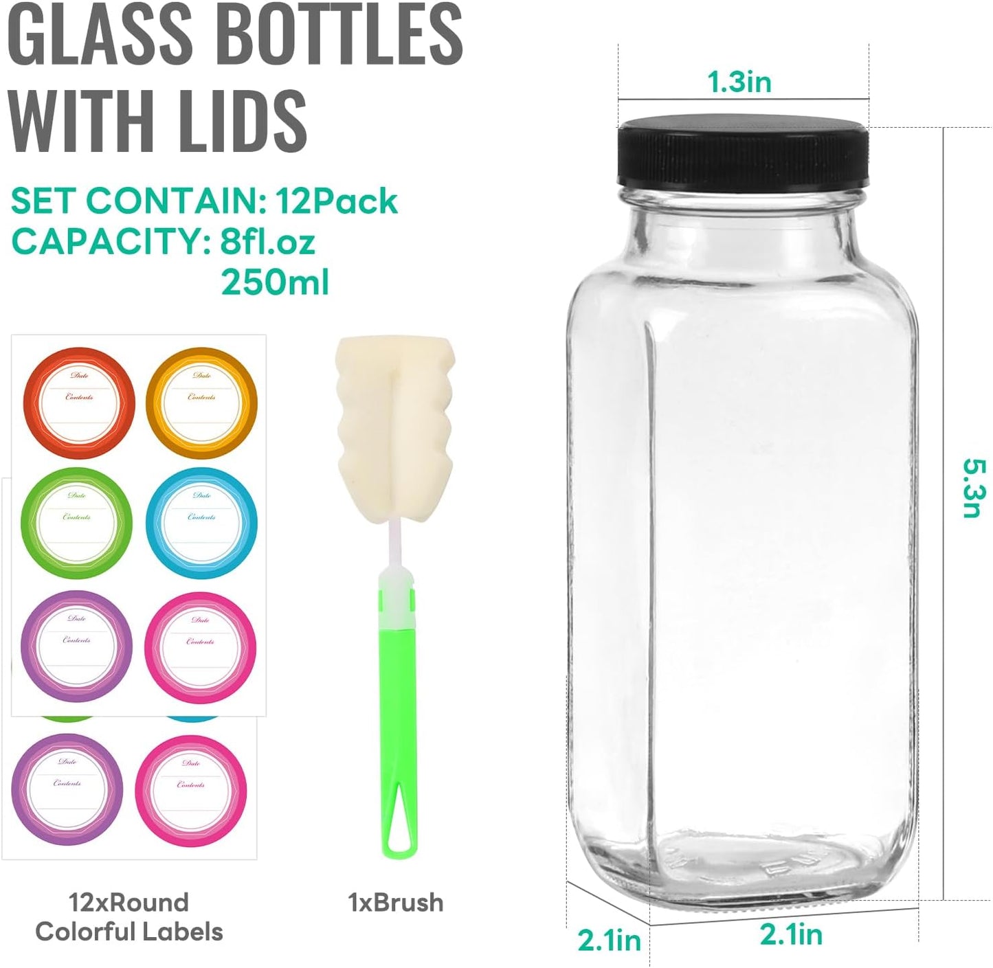 8 oz Glass Juice Bottles with Lids 12 Pack,Reusable Glass Drink Bottles,250ml Water Drinking Jars for Milk,Juicing,Kombucha,Ginger,Beverage Glassware,Juice Drinking Jars
