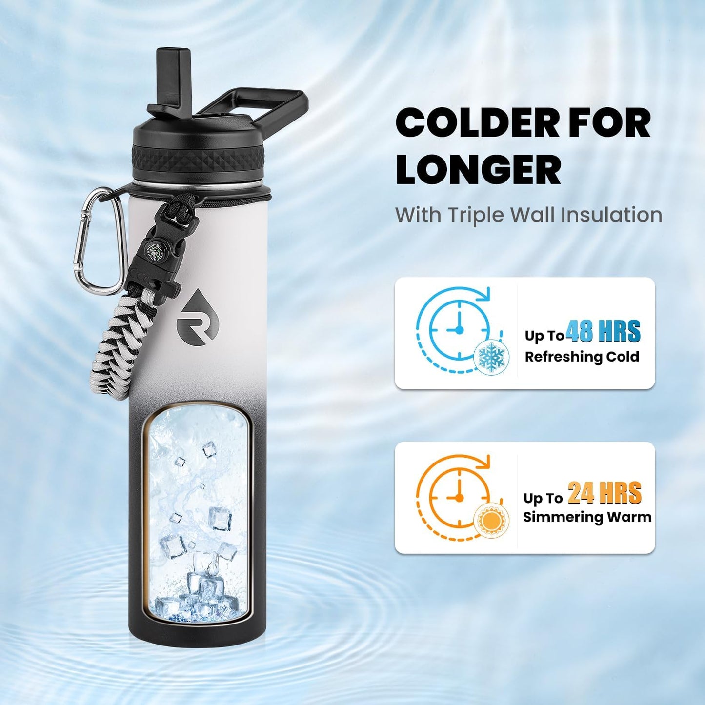 Insulated Water Bottle 24oz, Triple Wall Vacuum Stainless Steel (Cold for 48 Hrs, Hot for 24Hrs), Leak Proof & Non-BPA, 24oz Hydro Water Flask with Paracord Handle & Straw Spout Lids