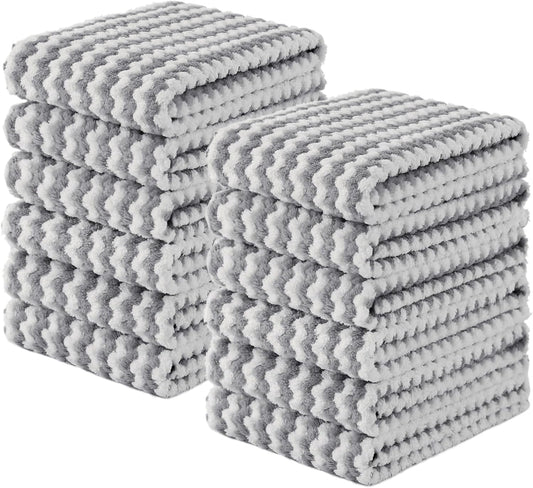 Homaxy Kitchen Towels(12 Pack, 10 x 20 inches), Ultra Soft and Absorbent Dish Towels, Reusable Fast Drying Microfiber Cleaning Cloth, Coral Velvet Wave Design No-lint, Grey