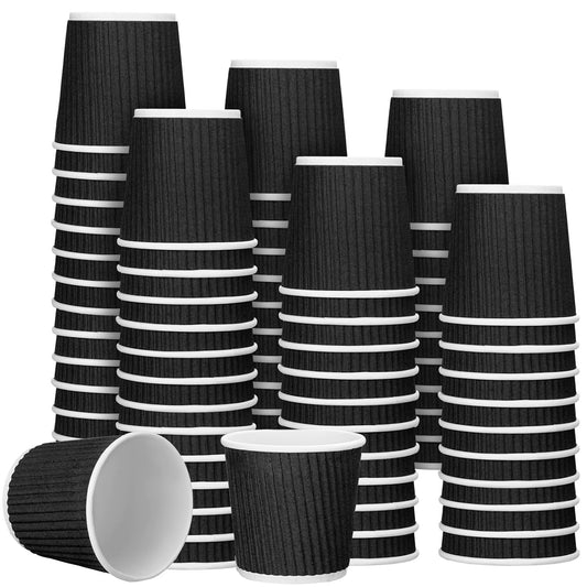 Yaomiao 200 Pcs 4 oz Disposable Espresso Coffee Cups Ripple Corrugated Paper Insulated Hot Cups for Party Cold Drinks Hot Beverage Tea(Black)