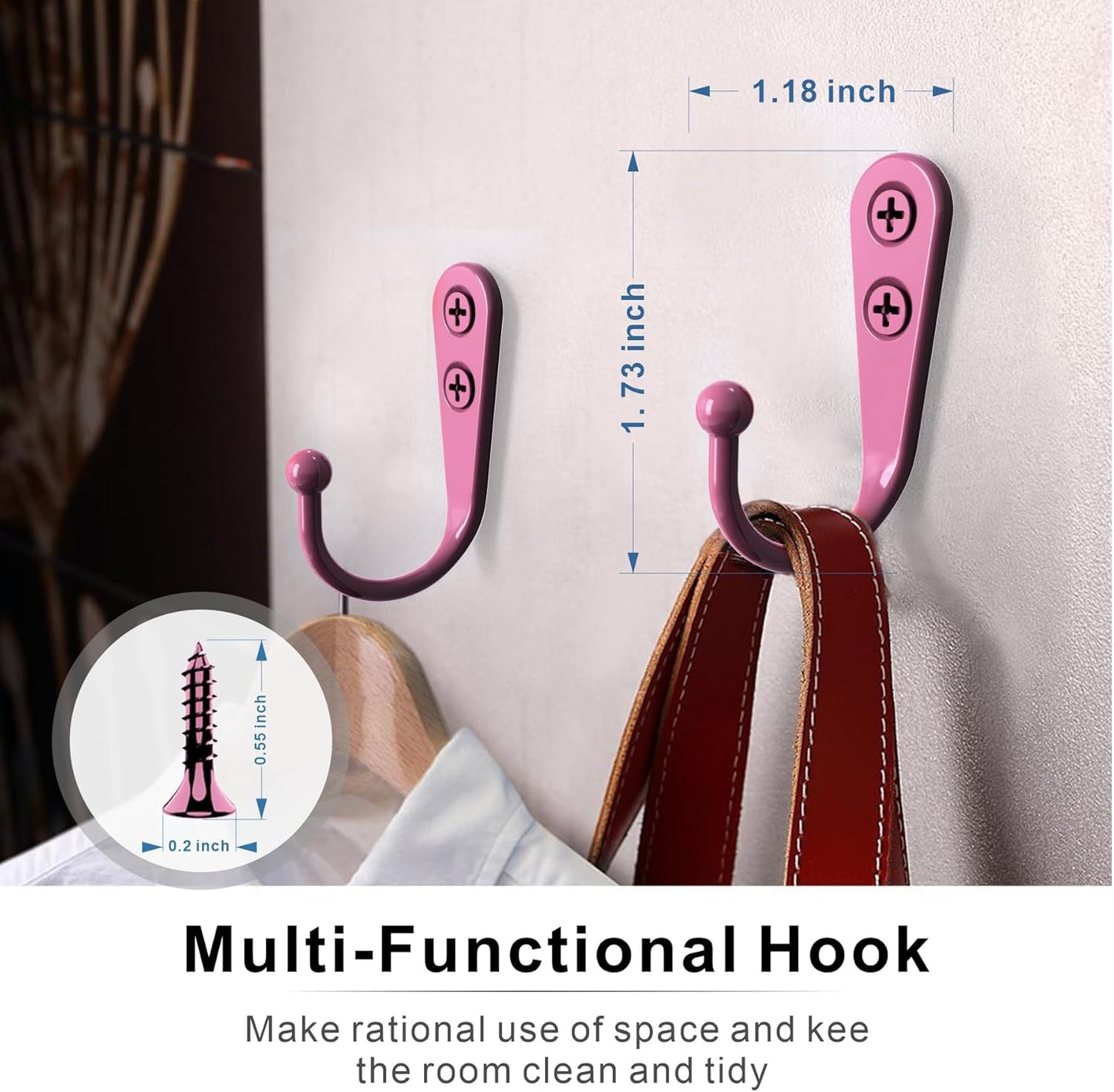 15-Pack Coat Hooks with 30 Screws | Heavy Duty Wall Mounted for Robe, Backpack & Keys | Entryway, Bathroom, Bedroom Hanging Hardware (Pastel Pink)