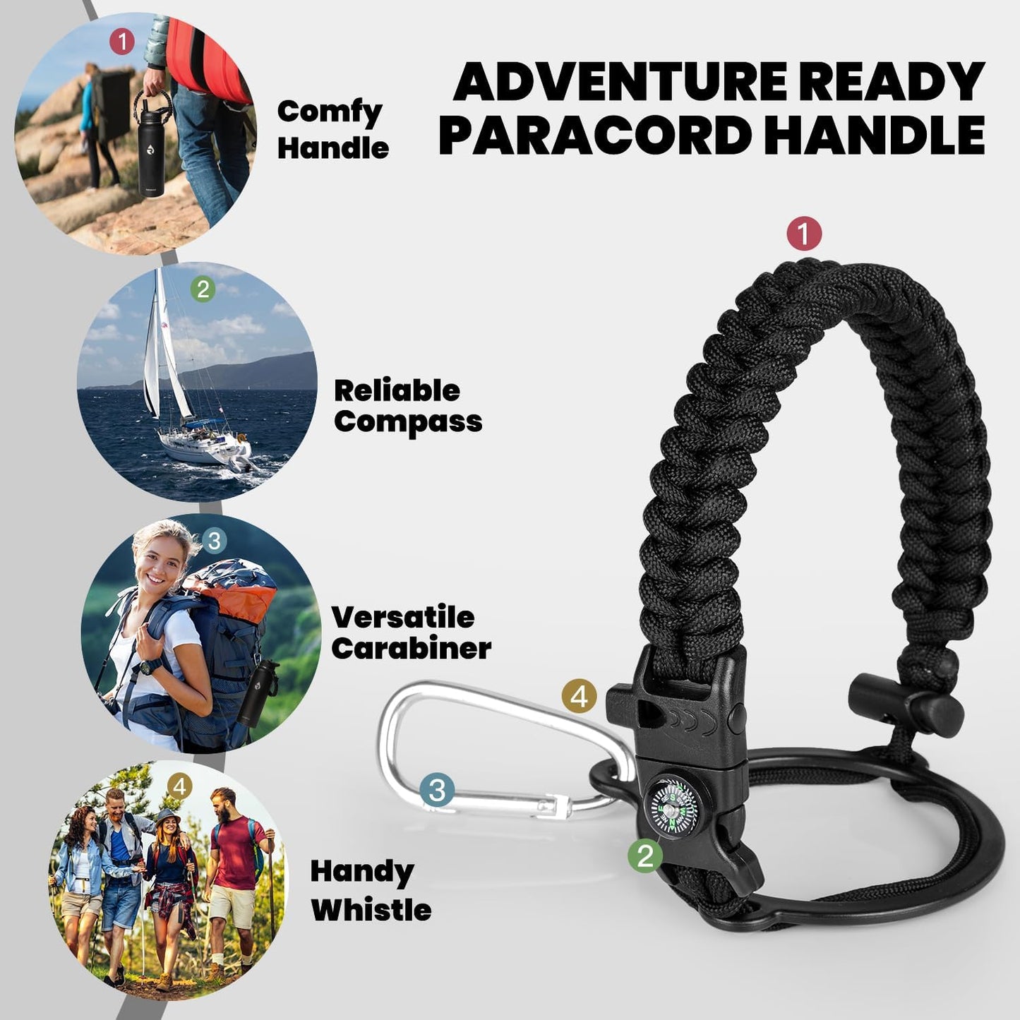 Insulated Water Bottle 40 oz, Triple Wall Vacuum Stainless Steel (Cold for 48 Hrs), Leak Proof & Non-BPA, Modern Water Flask Jug with Paracord Handle & Straw Spout Lids, Magic Black