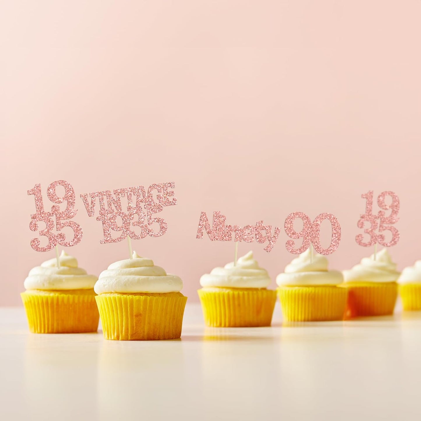 Gyufise 24Pcs 90th Birthday Cupcake Toppers Glitter Cheers to 90 Fabulous Ninety Vintage 1935 Cupcake Picks 90th Birthday Wedding Anniversary Party Cake Decorations Supplies Rose Gold