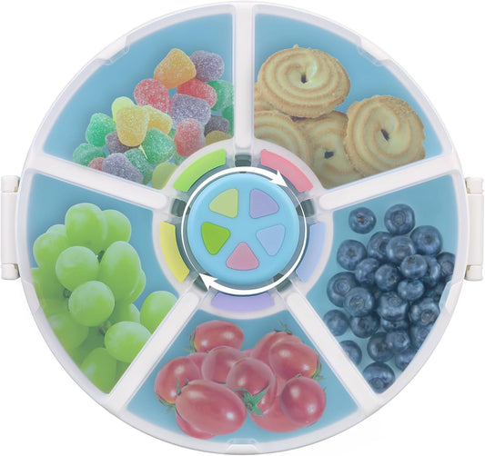 Kids Reusable Rotating Snack Container with 5 Separate Compartments, Color Matching Opening Lid, BPA/PVC-Free, Dishwasher Safe, Perfect for Travel, School Lunches & On-the-Go Snacking-Blue