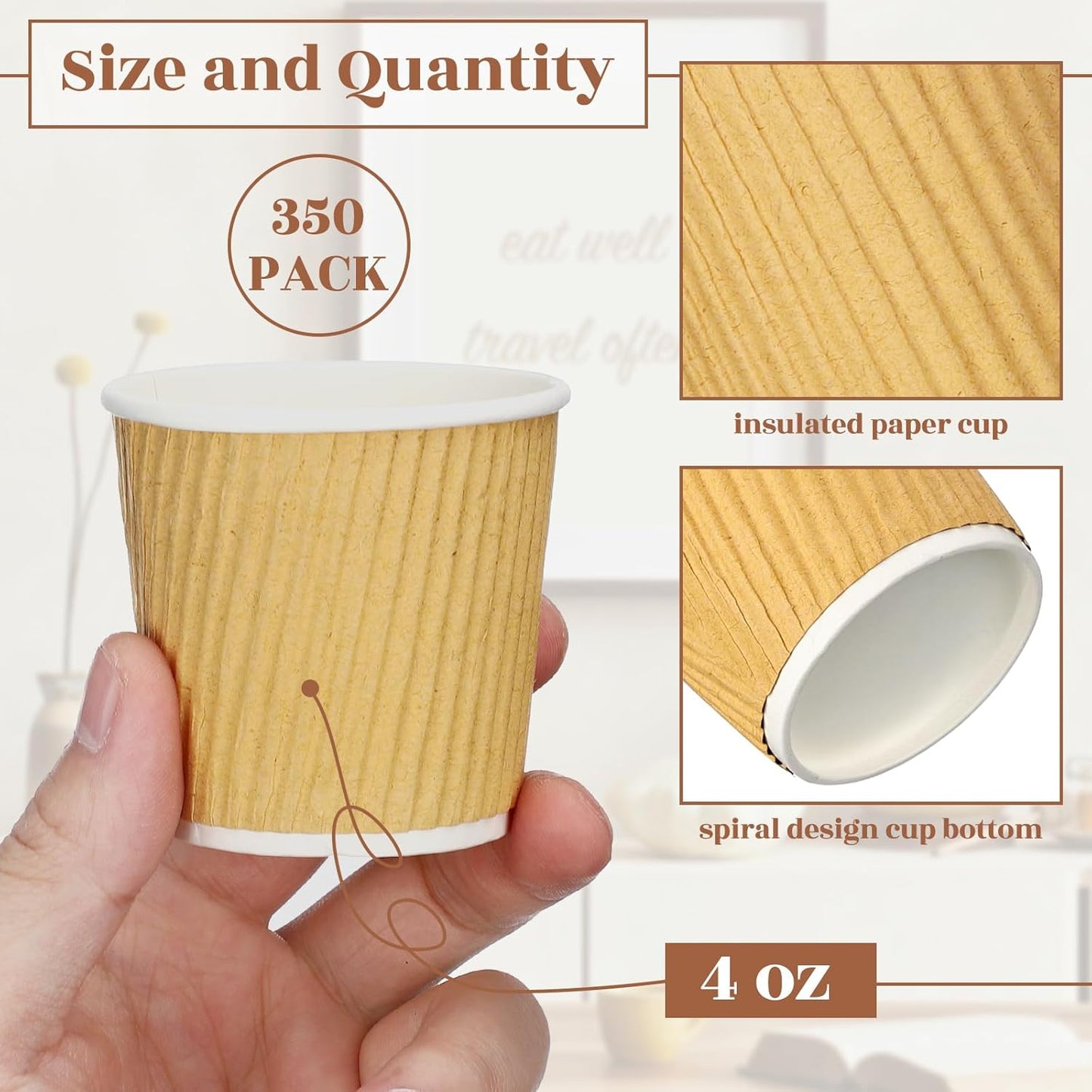 Uiifan 350 Pieces 4 oz Ripple Wall Insulated Coffee Cups Bulk Disposable Espresso Paper Corrugated Travel Coffee Cups for Hot Cold Drink Cappuccino Beverage Tea Party
