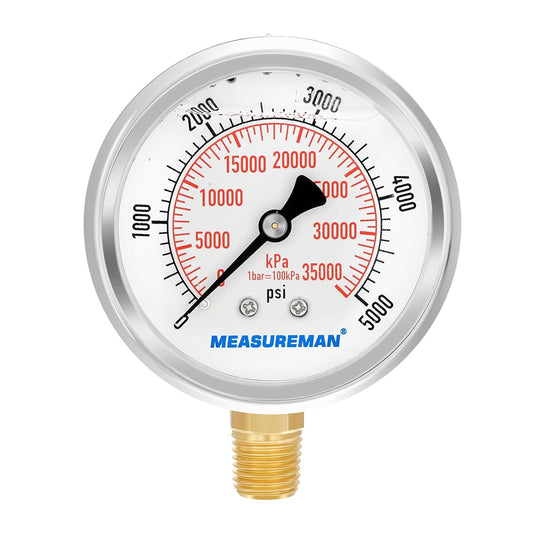 MEASUREMAN 2-1/2inch Dial Size, Liquid Filled Hydraulic Pressure Gauge, 0-5000psi/kpa, 304 Stainless Steel Case, 1/4inchNPT Lower Mount